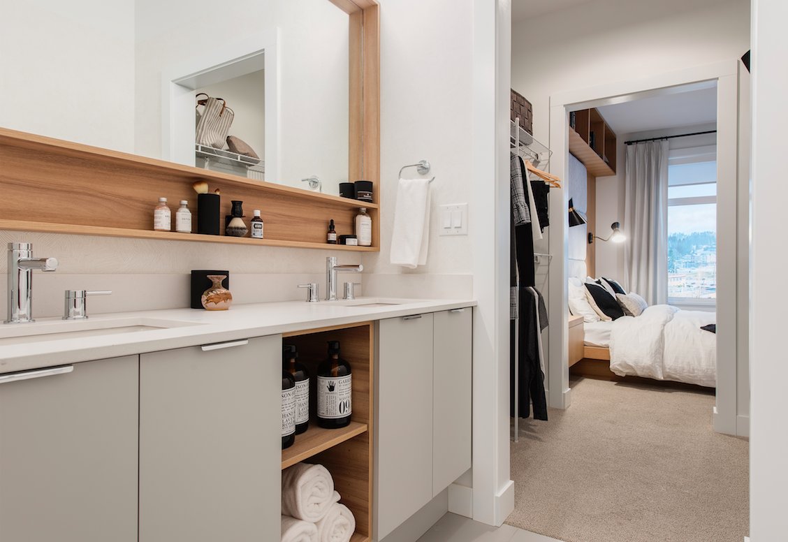 UpperMontrose's tweet photo. Built in wood shelving provides functionality and style to our beautiful ensuites. Visit our show home to see more! https://t.co/eoOvG0xPyz https://t.co/8sdyci5iDD