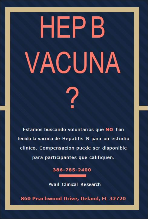 AvailClinical's tweet photo. Are you up to date on your vaccinations? Avail Clinical Research is seeking young adult participants for a vaccine trial. Study related care and compensation up to $625 may be available for time and travel. Call today 386-785-2400 or visit us online https://t.co/YHfURuW8l4 https://t.co/cpeCMeQ9Bg