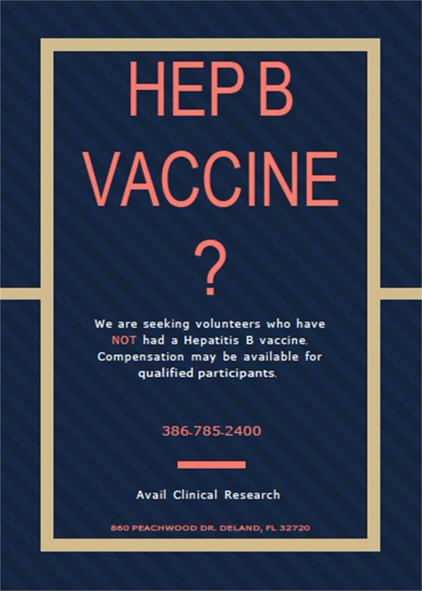 AvailClinical's tweet photo. Are you up to date on your vaccinations? Avail Clinical Research is seeking young adult participants for a vaccine trial. Study related care and compensation up to $625 may be available for time and travel. Call today 386-785-2400 or visit us online https://t.co/YHfURuW8l4 https://t.co/cpeCMeQ9Bg