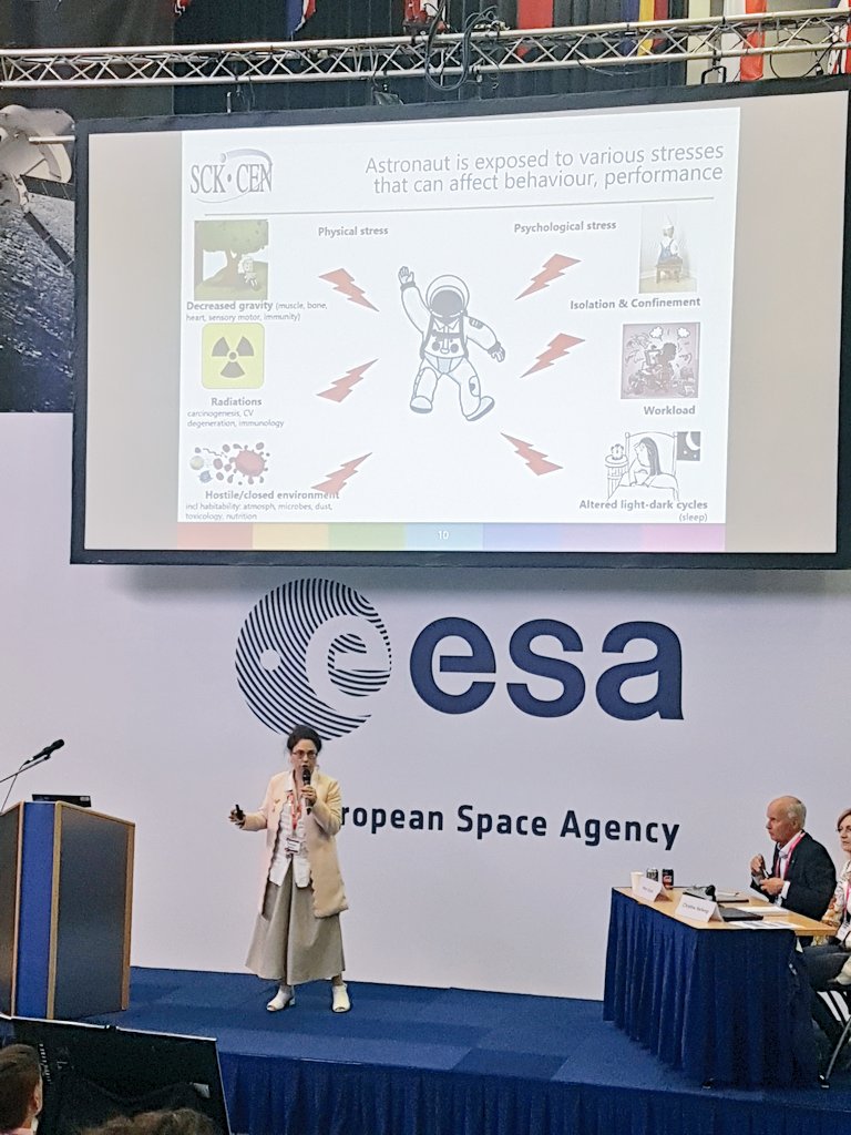 DrCaplin's tweet photo. Brilliant @SarahBaatout of @SCKCEN presenting @esa #ISGP2018 Will space radiation stop human space exploration? - Health effects, radioresistance & countermeasures ☢🛰🛡 #radiation #spaceexploration #health #scicomm #WomenInSTEM #spaces https://t.co/8bacilmnRa