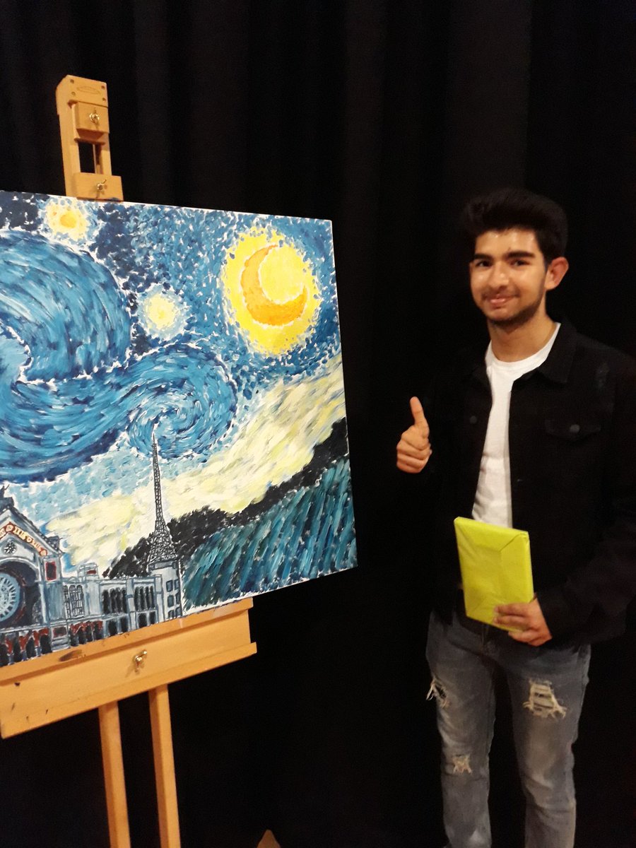 Proud artist Yordan with his exam piece. A Van Gogh inspired painting of Alexandra Palace #searchforsuccess #artatheartlands #alexandrapalacce