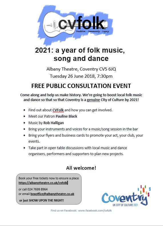 Here's our latest flyer. Note the bit about music and song session - bring instruments and voices and be a part of folk history! <a href="/albanytheatre/">Albany Theatre</a> #cvfolk