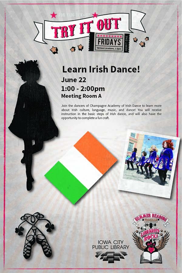ICPL's tweet image. Kick it with the amazing Champagne Irish Dancers, and learn a few things about Irish culture. Kids will learn the basics of Irish step-dancing, and will get to make a cool craft, this Friday from 1-2 p.m. in Meeting Room A. #IrishDance #StepDancing #CorridorReads