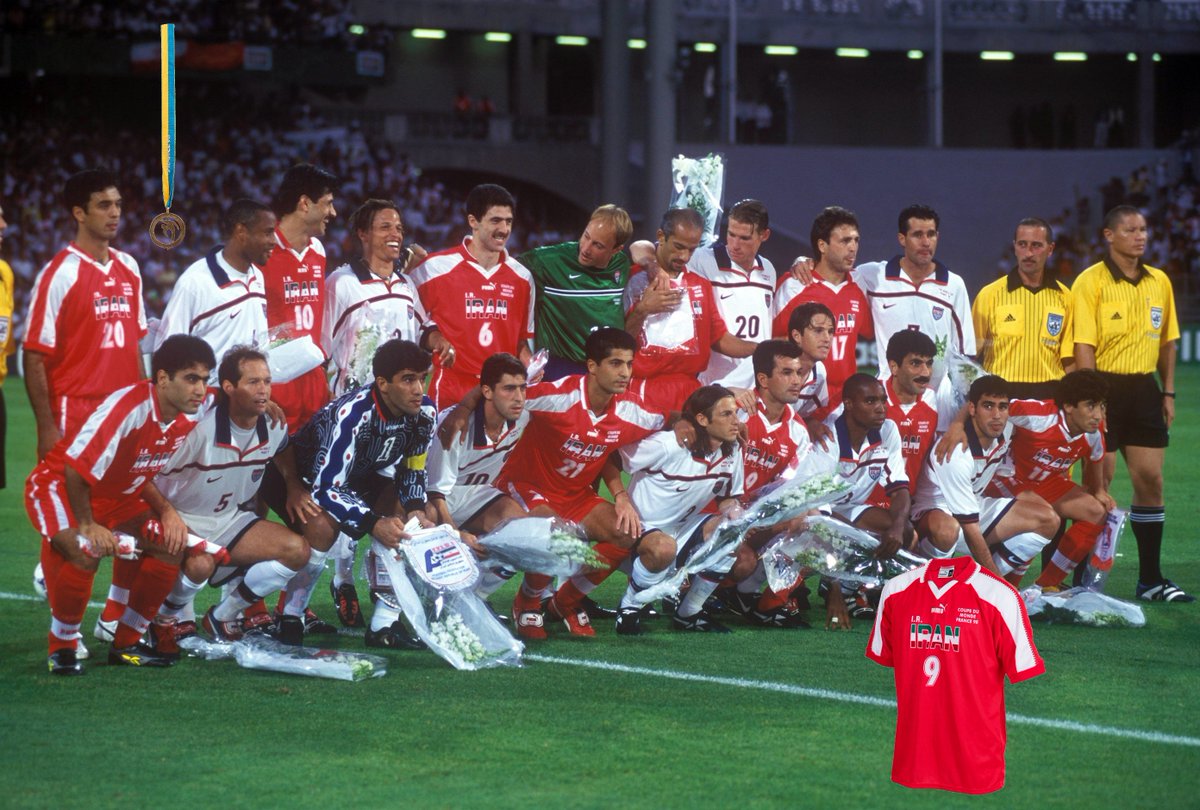 FIFAMuseum's tweet photo. 🇮🇷🇺🇸In our archives we have the shirt worn by Esteli in 1998 when he scored against the USA in Iran's first #WorldCup victory.

The game earned both teams the FIFA Fair Play award, as they put aside political tensions and were photographed arm in arm before the match #IRNESP https://t.co/88wYGblFeO