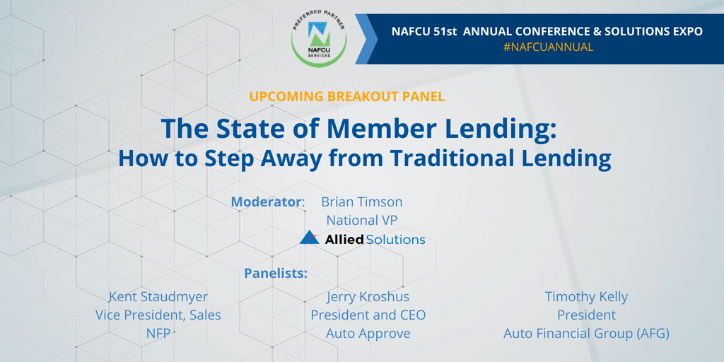 NAFCUServices's tweet photo. What a lineup! @alliedsolutions moderates the panel discussion with @nfp, @AutoFinancialGr, and #AutoApprove to answer the keys for creating a robust, balanced portfolio. #NAFCUAnnual https://t.co/mgu7AViygc