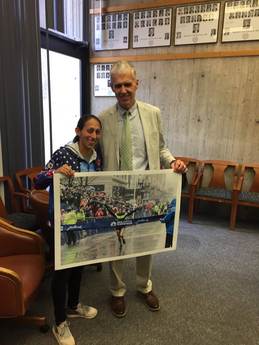 WRBillyMac's tweet photo. So nice to chat w/ ‘18 @bostonmarathon winner @des_linden as @MattOMalley honored her and designated June 20, 2018 Des Linden Day in the City of Boston at today’s @BOSCityCouncil Meeting. #Bospoli #mapoli #BosRuns #bostonmarathon https://t.co/mwXi9BdPDH