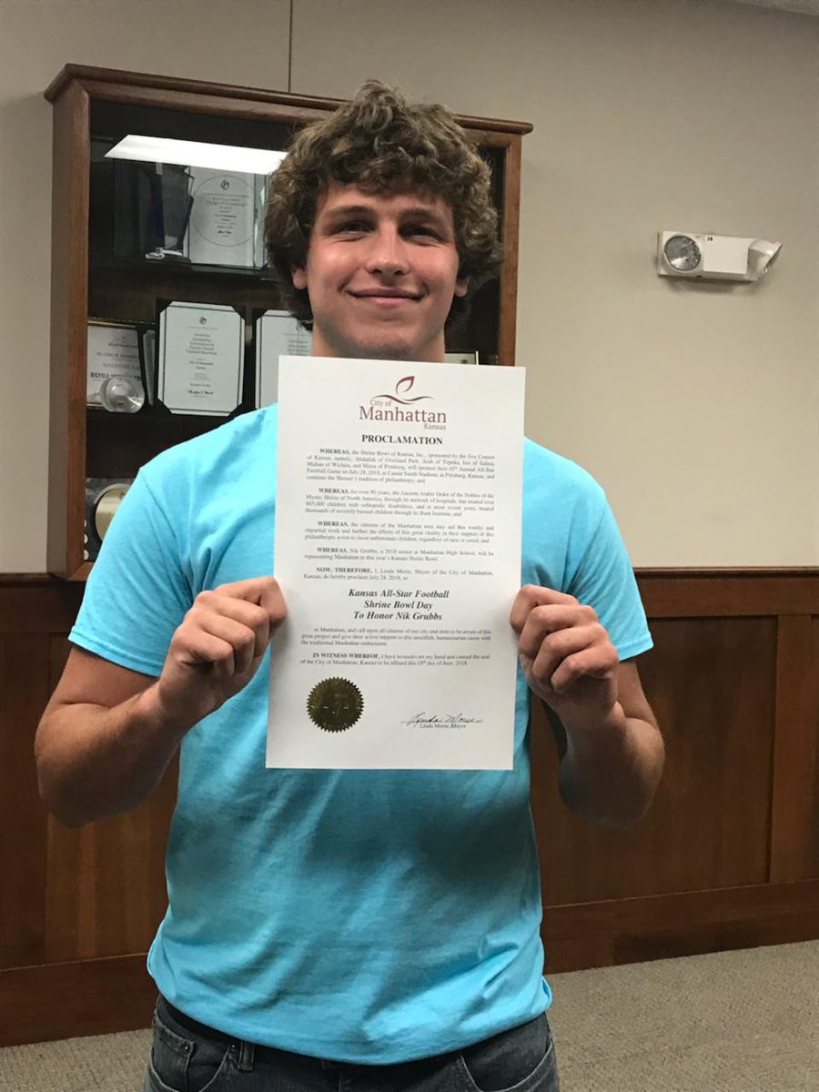 Congratulations @NikGrubbs of @Tribe_Football on your proclamation from @cityofmhk recognizing your invitation to play in the 2018 @KSShrineBowl on July 28th for the #WestSquad.  #MoreThanAGame #ForTheKids