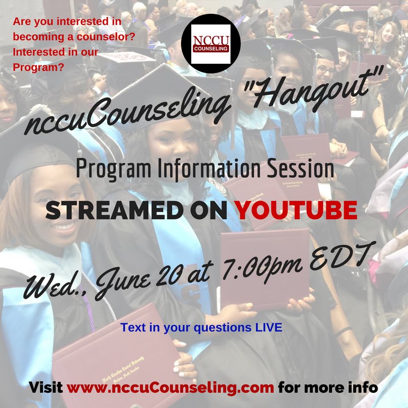 nccucounseling's tweet photo. Interested in our Program? Think you want to be a #counselor? Come hangout with a faculty member and learn more about us tonight (Wed., June 20) at 7pm EDT. 
https://t.co/KZ40hThgX8 https://t.co/OJ6gDEvGBf