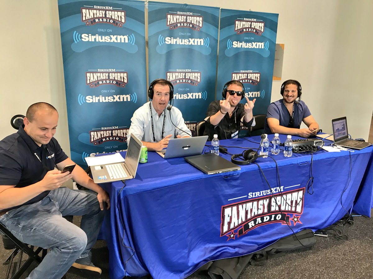 RealTalkRaph's tweet photo. On deck w/ @BaseballGuys watching the dynamic trio of @Fantasy_Guru &amp; the @RosterWatch boys doing it live from #FSTA18 on @SiriusXMFantasy! Check out the stunner shades on @AlexDunlapNFL (&amp; the double bird salute) 😎🖕🏻🖕🏻

Also did anyone know that @PhilBackert was yoked? 💪🏻 https://t.co/fH7AwJaMUC