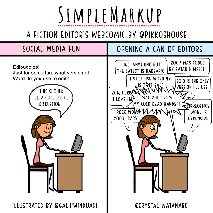 pikkoshouse's tweet photo. This week, in #SimpleMarkup, Edie starts a seemingly innocent discussion in an editors' group. #lol #comics #editors #editing #editorhumor #microsoftword #editorslife
Blog post: https://t.co/q1sZwHbnro
Archive: https://t.co/MQYhhrB4Sd
Store: https://t.co/6SJjbmro5H https://t.co/RnPQwgdg9W