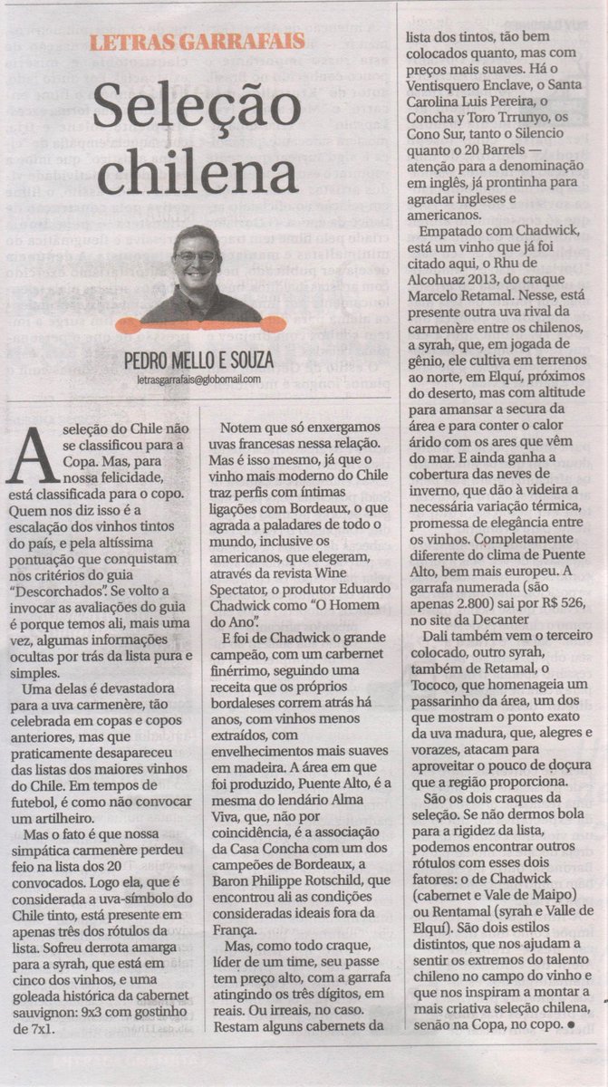 vdalcohuaz's tweet photo. Selección Chilena, la reciente columna de Pedro Mello e Souza para O Globo en Brasil, donde destacan dos de nuestros vinos: RHU y Tococo (Syrah) #viñedosdealcohuaz #elquivalley #rhu #tococo #alcohuaz https://t.co/Vz3nnE5X3y