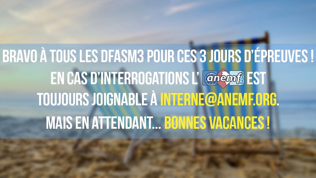 #ECNi2018 | Félicitation à tous les DFASM3 pour ces 3 jours d'épreuves ✊!
L’<a href="/ANEMF/">ANEMF</a> sera là pour vous accompagner lors de ces prochaines semaines post ECNi ! N'hésitez pas à nous contacter en cas de problèmes à interne@anemf.org 🙂  
Mais en attendant : bonnes vacances à tous⛱️