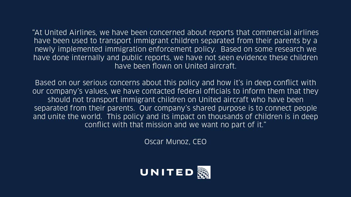 United asks U.S. government not to fly separated immigrant children on our aircraft.