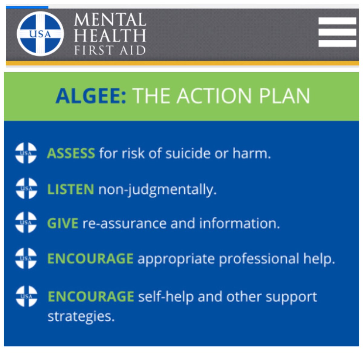 TalkToMe's tweet photo. Want to help someone in a crisis but not sure what to say? ALGEE can help.
NO, not the green stuff from the ocean but the acronym from @MHFirstAidUSA. Have a look ➡️ https://t.co/nze27kR6b7
#BeTheDifference #TalkToMe https://t.co/8hQ8cGBpyG