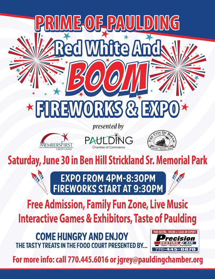 PauldingChambga's tweet photo. Don't forget to mark your calendars for June 30th for Red, White and BOOM! Bring the family and come see our vendors, enjoy some great music and food. Plus... FIREWORKS! #PauldingCounty https://t.co/E5fCJnjWux