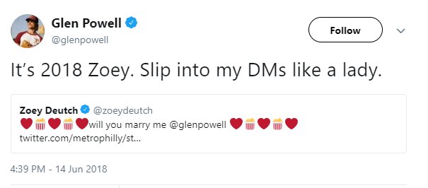 xoxoCorinne's tweet image. I am just trying to live my life and @zoeydeutch and @glenpowell are just the most adorable friends and co-stars. I'd like to order 12 more romcoms with them pls, @netflix.  #SetItUp