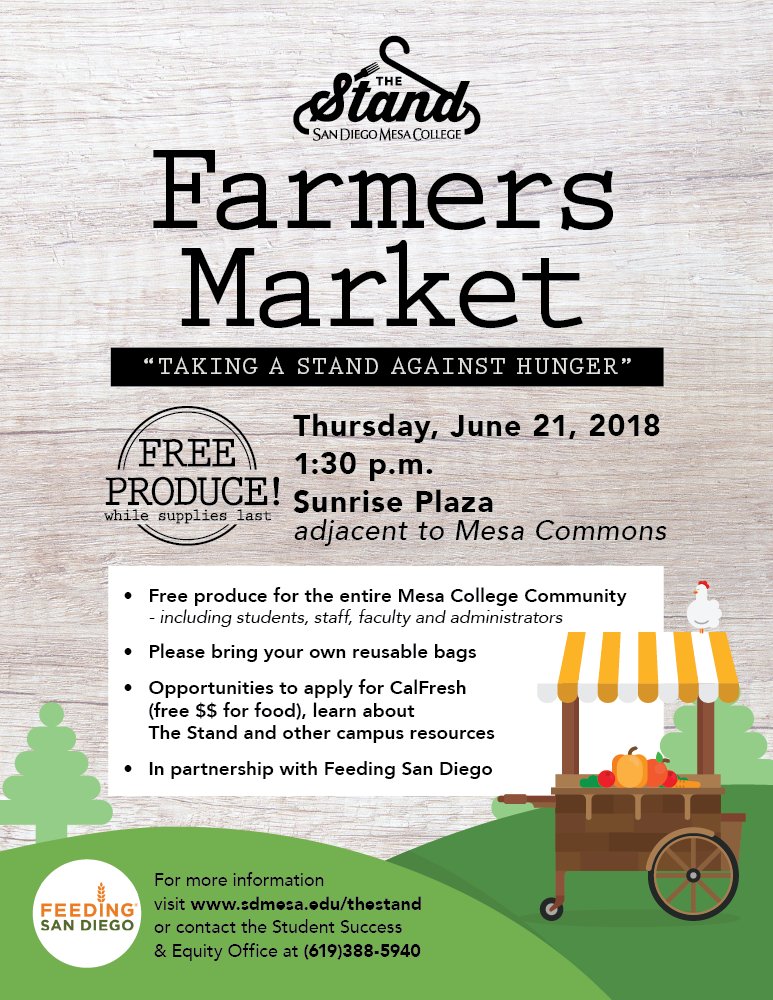 sdmesacollege's tweet photo. Join us tomorrow for the next #FarmersMarket at #SDMesaCollege. Make sure you bring your reusable bag to get some free produce! Meet us next to the Mesa Commons at 1:30pm. 🍊🍎🥕🌽🥦 #TakingAStandAgainstHunger https://t.co/Z6vrsjBqkj