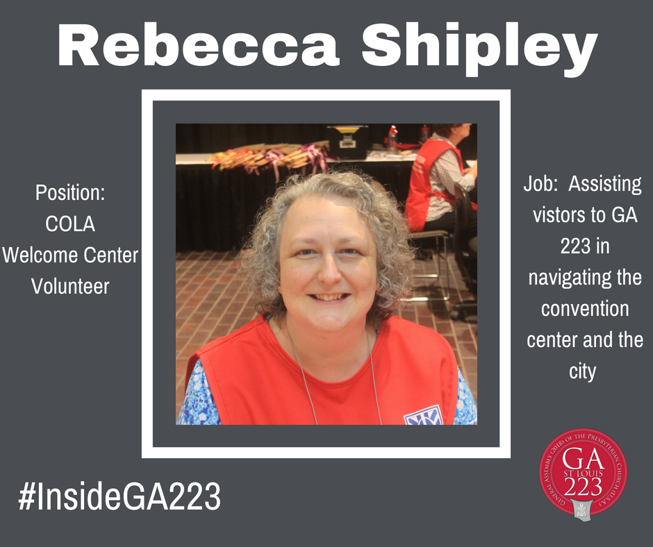 presbyGA's tweet photo. Meet Rebecca, another member of the Committee On Local Arrangements! As a welcome center volunteer, Rebecca helps #GA223 attendees navigate America's Center (the convention center) as well as the city of St. Louis. Thank you for your gifts to the church Rebecca!
#InsideGA223 https://t.co/zX0KAT19j3