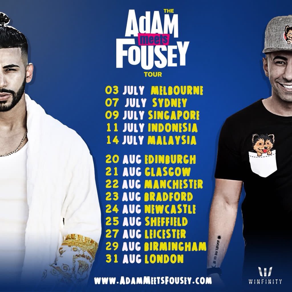realhabibihouse's tweet photo. THE FIRST SEGMENT OF THE ADAM MEETS FOUSEY TOUR KICKS OFF IN LESS THAN TWO WEEKS! AUSTRALIA, SINGAPORE, INDONESIA, MALAYSIA AND UK - exactly 13 days to go 😜 

Rest of the world, read the list above and TURN YOUR NOTIFICATIONS ON! We’re coming for ya 🌎 #TheAdamMeetsFouseyTour https://t.co/4JRjnmp4nS