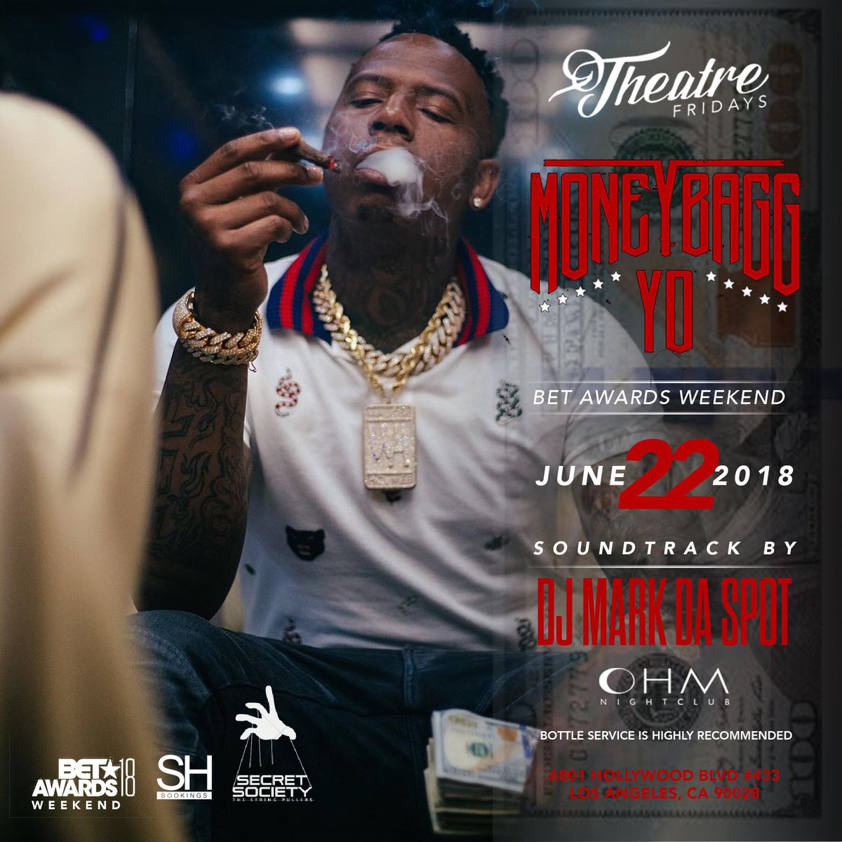 RelapseLA's tweet photo. #THEATREFRIDAYS #BETAWARDS WEEKEND 10pm inside @ohmnightclubla 6801 Hollywood Blvd 4th Floor LIVE w/ @MoneyBaggYo   &amp; FRIENDS Tix: https://t.co/fIZKhjzkG6 TABLES text 323.523.5851 #DIAMONDLIST #WeOhmTheNight https://t.co/tvIyWprvG5