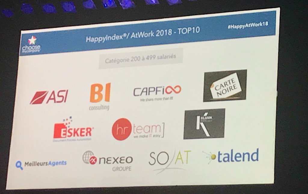 EskerFrance's tweet photo. À la cérémonie des trophées #HappyAtWork2018 : Esker dans le top 10 du classement @choosemycompany avec @EchosStart des entreprises où l’on est le plus heureux! #WeAreEsker #labelCMC #HappyIndexAtWork #BienEtreAuTravail https://t.co/q2h6WzkRQv