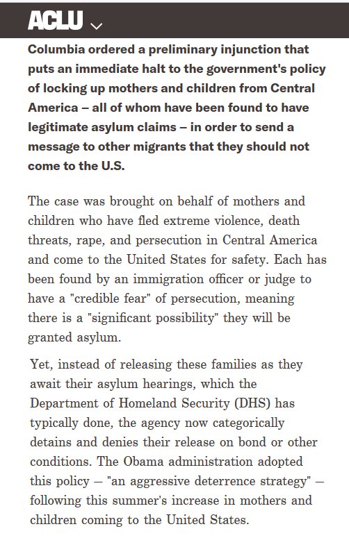 4/x First let's look at the imprisonment of children. This is not a new thing.In 2014 the Obama administration made the choice to use detention of immigrant families as a deterrent to stem the flow of refugees trying to escape violence in Central and South America.