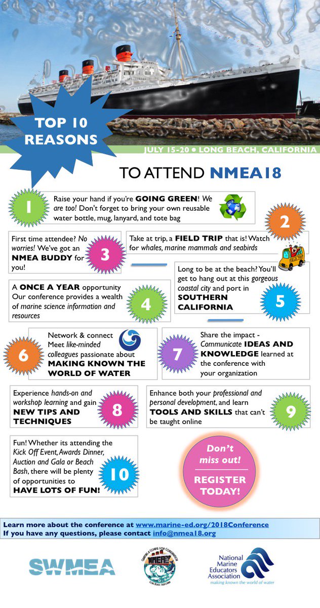 NatlMarineEd's tweet photo. Still on the fence about joining us at #NMEA18? Here are the #TopTenReasons why you need to make it happen! Register now: https://t.co/HmFX5wqYZf https://t.co/WgfP9jL3Sz