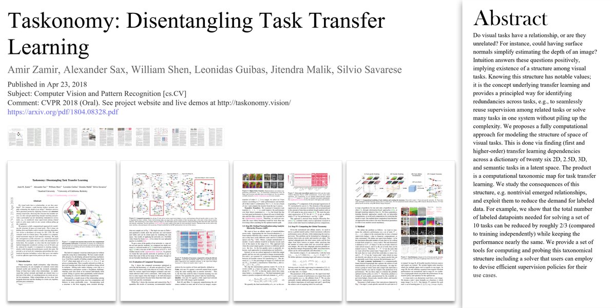 arxivtrends's tweet image. ๐ค Taskonomy: Disentangling Task Transfer Learning
โ๏ธ Amir Zamir et al.
๐ arxiv.org/pdf/1804.08328โฆ
๐ Tweeted by @Reza_Zadeh et al.
#ComputerVisionandPatternRecognition #csCV #csAI #csLG #csNE #csRO