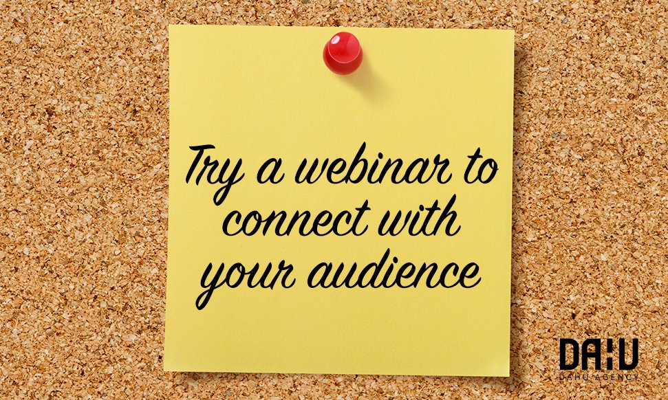 DAHUagency's tweet photo. Webinars are great ways to show your face, show your brand, and connect with your audience. #Marketing #AdaptiveMarketing #PurposeDriven #MarketingTips https://t.co/M3TOuoWG33