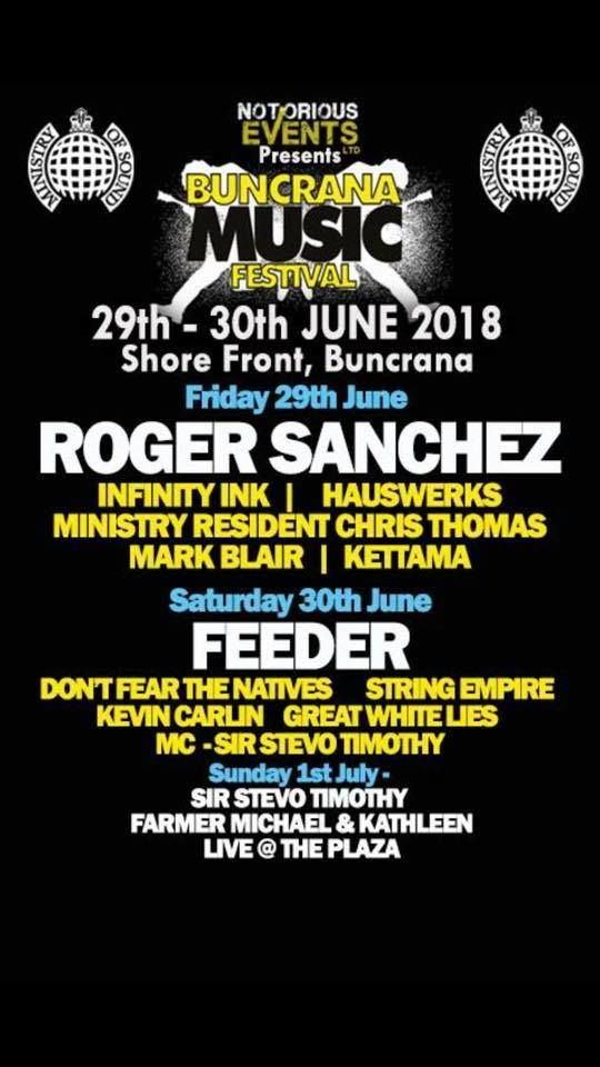 StringEmpire's tweet image. ROGER SANCHEZ one night and FEEDER the next! All coming to a 'Shore Front' near you soon!😜
Here's the full lineup for both nights, gonna be nuts!
Check out the Buncrana Music Festival page for more info.
@FeederHQ @whatsondonegal @DerryLiveList