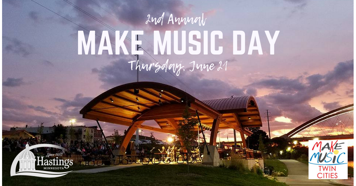 1 day. 10 bands. 5 parks. $0. Make Music Day is Thurs. June 21. In case of Rain, all bands will move into the Hastings Arts Center. Watch for updates. Music starts at 7 a.m. Event listing/locations: hastingsmn.gov/programsandeve… #HastingsMN <a href="/exploreminn/">Explore Minnesota</a> <a href="/MakeMusicTC/">MakeMusicTwinCities</a> #HastingsRiverWalk