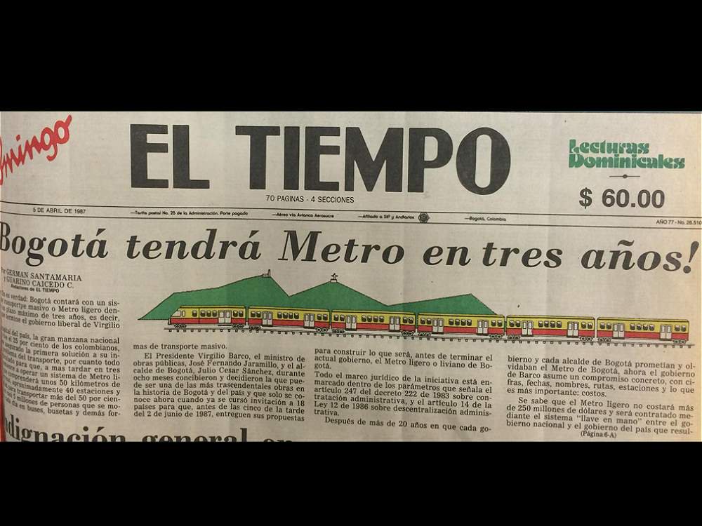 DeepSageApp's tweet photo. Anunciaba el diario @ELTIEMPO el domingo 5 de abril de 1987 que Bogotá tendría metro en el transcurso de tres años https://t.co/S54UBsSra3
