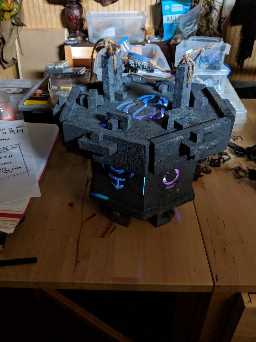 BluecifersWrath's tweet image. A fun project I did for #divineintervention #larp - a lantern made of stone pieces players need to assemble. It hangs from a staff and is used at sundown to summon a spirit who takes you to see the god of death. #larpprops #lantern #deathgod #mysticsymbols #puzzles #aeternus