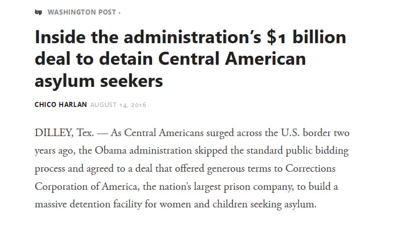 22/x This expansion of the deportation machine was a boon for private prisons. Private prisons made huge amounts of money imprisoning immigrants thanks to Obama's polices. https://outline.com/G6gASu 