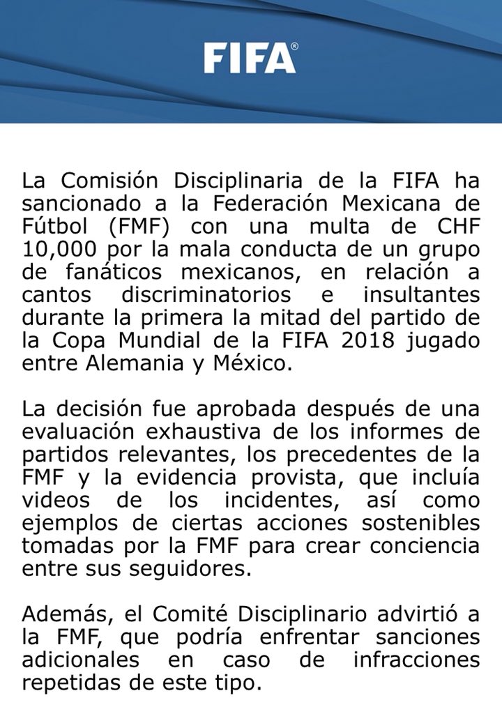 Leonlec's tweet photo. #Rusia2018

#DeÚltimaHora

FIFA multa a la FMF con 205 mil pesos (10 mil francos suizos) por el grito al portero rival.

NO ES BROMA... FIFA ya advirtió a la FMF que puede QUITARLE 3 puntos a @miseleccionmx si la afición mexicana sigue gritando ante #KOR o #SWE 

¡Conciencia! https://t.co/dvdOVcMBkj