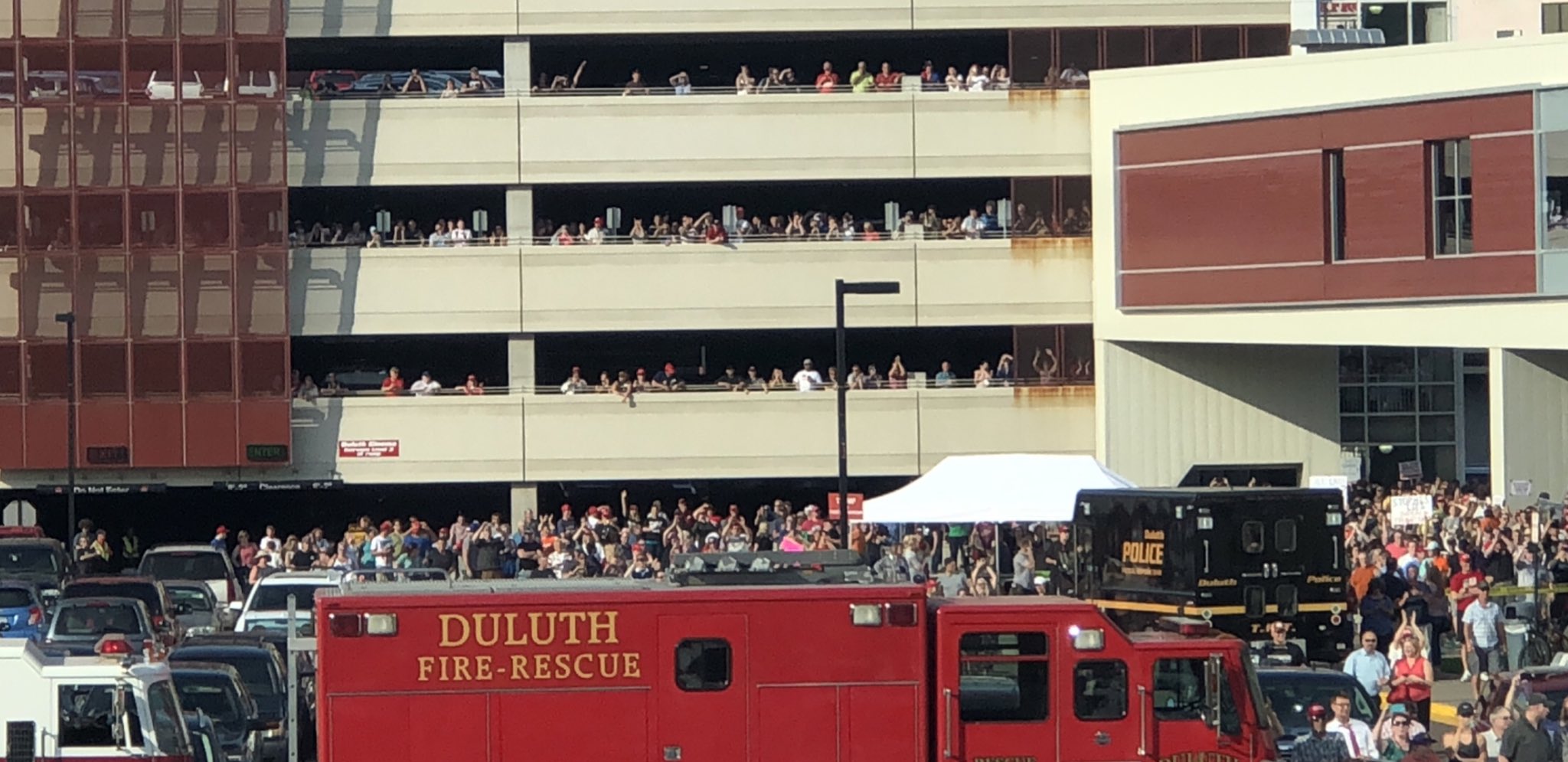 DJT just tweeted this pic with: So sorry, people wanting to get into the already packed arena - I LOVE YOU ALL!