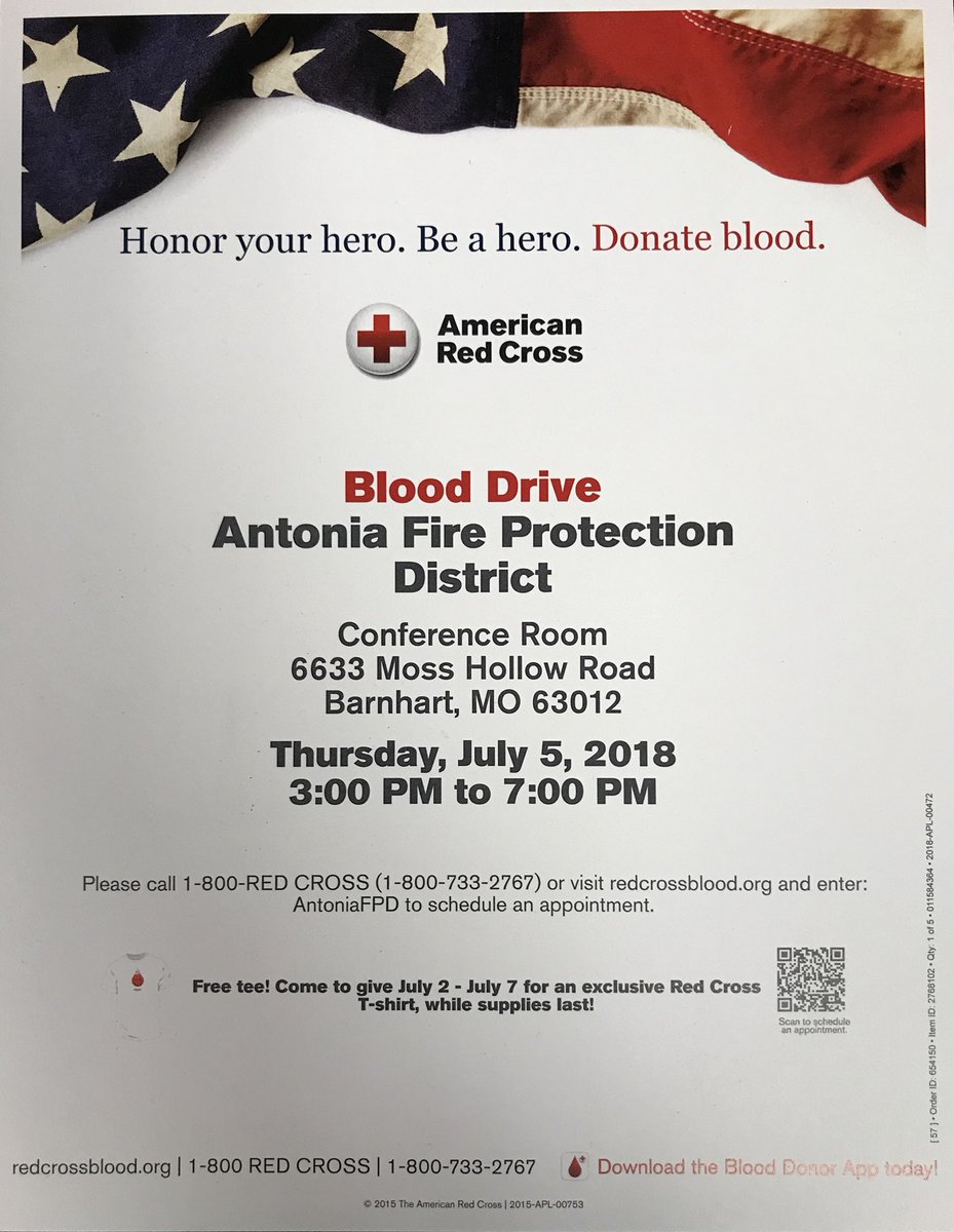 antoniafire's tweet image. Antonia Fire is hosting a Blood Drive for the American Red Cross on Thursday, July 5th, 2018. 3:00-7:00 PM.  Location Antonia Station #2, 6633 Moss Hollow Rd.  Barnhart, Mo.  63012.
