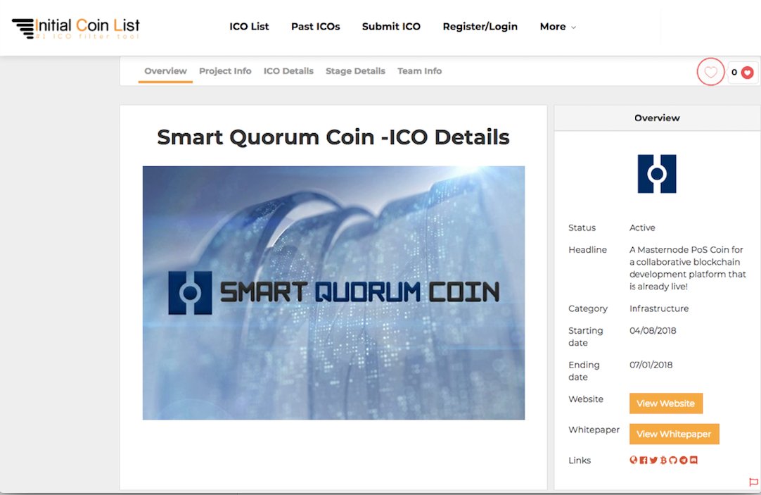 Hi guys! Good news! Smart Quorum is listed at the ICO listing website initialcoinlist.com/ico/smart-quor…. 
The Smart Quorum Coin is here! Check it out!
#SmartQuorum #SQR #SmartQuorumCoin #Mastetnodes #blockchain #Cryptocurrency
