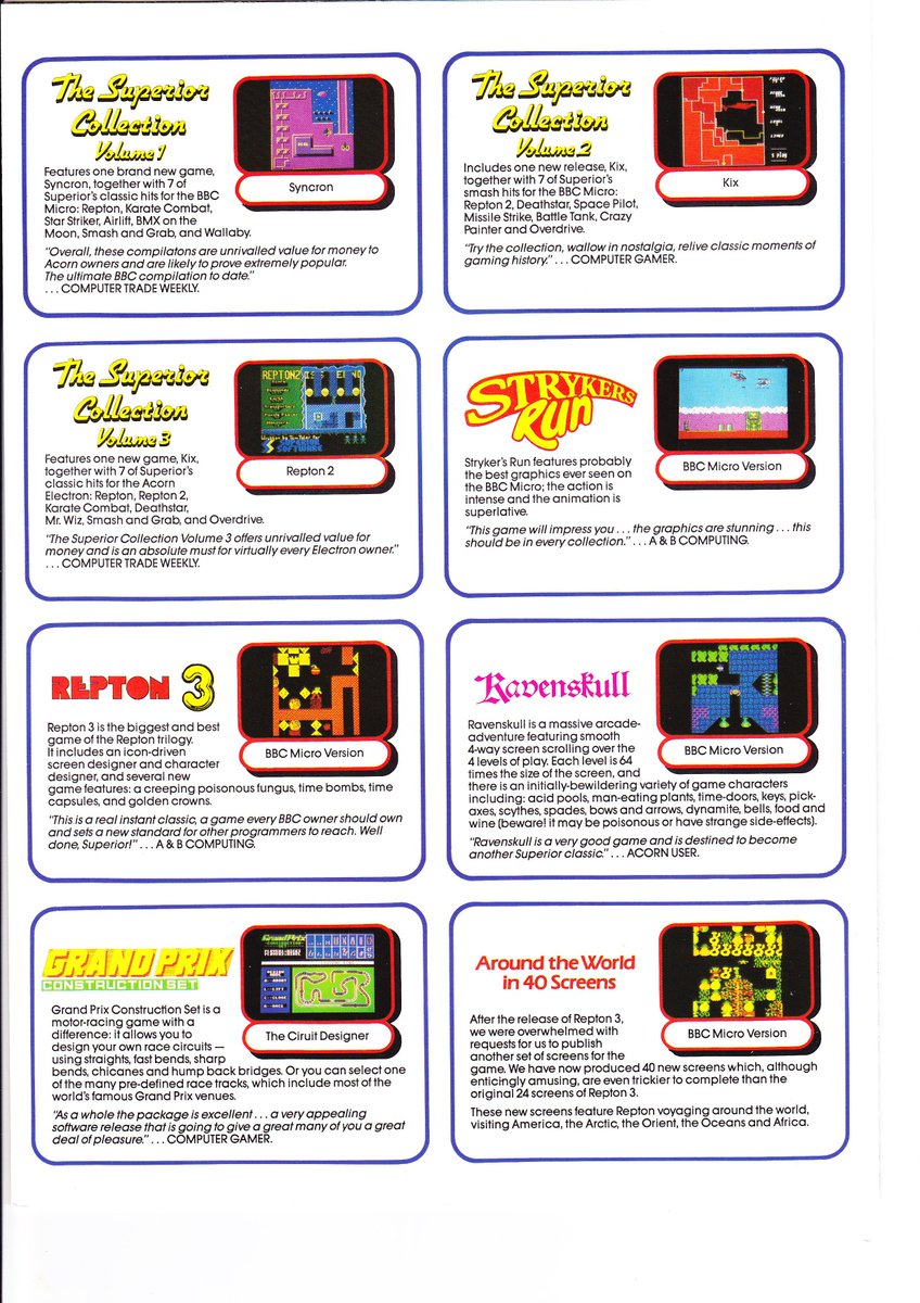 KevEdwardsRetro's tweet photo. Superior Software's catalogue from 1987 shows some superb #BBCMicro and #Electron games. A great year for the Beeb. #RETROGAMING https://t.co/W5RAt07Mrg
