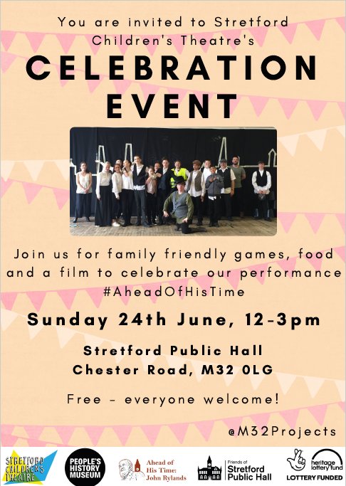 sctm32projects's tweet photo. Come to our Celebration Event at @StretfordPHall on Sun 24th June, 12-3pm. Free, all welcome.
Celebrating hard work of our fantastic young people who recently performed Ahead Of His Time, about Stretford social investor John Rylands. 
Games, food, awards &amp; legacy film. https://t.co/iSlwB1F2VH