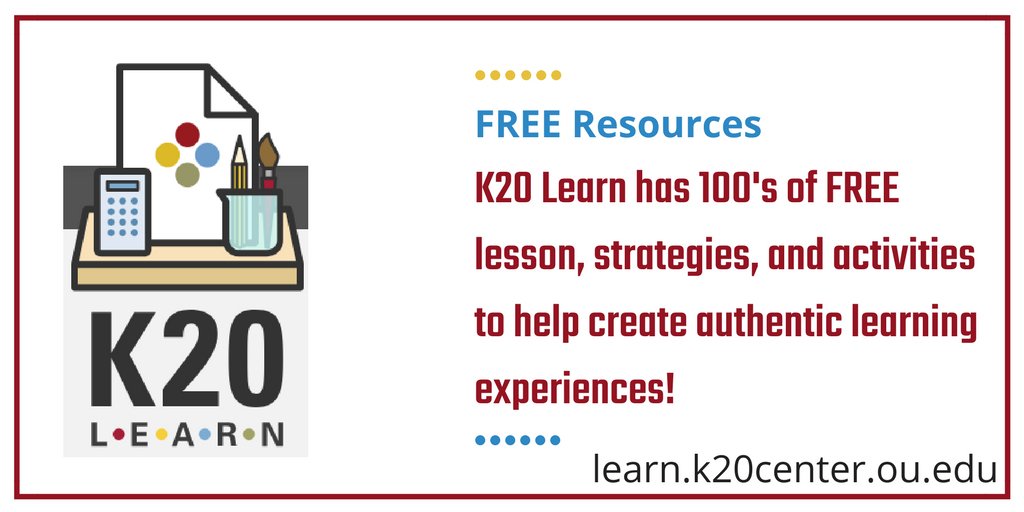 k20center's tweet photo. K20 LEARN is a great resource for authentic lessons, activities, and strategies. 100's of pre-made and vetted 5E lesson plans, innovative instructional strategies, and engaging activities. 

OH, 

AND IT IS ALL FREE! #oklaed #edchat #edtech #education https://t.co/6nda7WuCV8