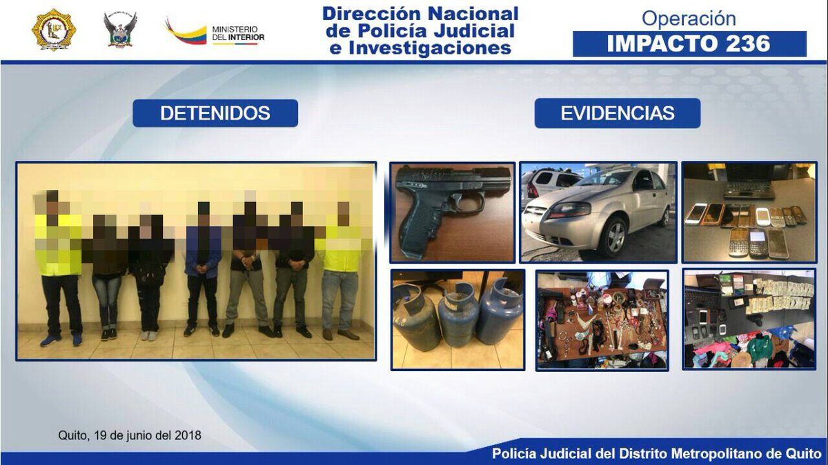 PoliciaEcuador's tweet photo. En #Impacto236, #DirPolicíaJudicial desarticuló una organización delictiva dedicada al asalto y
robo a domicilios en #DMQ. En poder de los detenidos se encontró un arma de fuego con la que presuntamente amenazaban a sus víctimas. https://t.co/8CsR8jYaq0