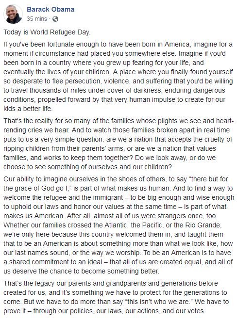 UberFacts's tweet photo. "Are we a nation that accepts the cruelty of ripping children from their parents’ arms, or are we a nation that values families, and works to keep them together?"

Former President Obama on #WorldRefugeeDay. https://t.co/AIrumgxxw4