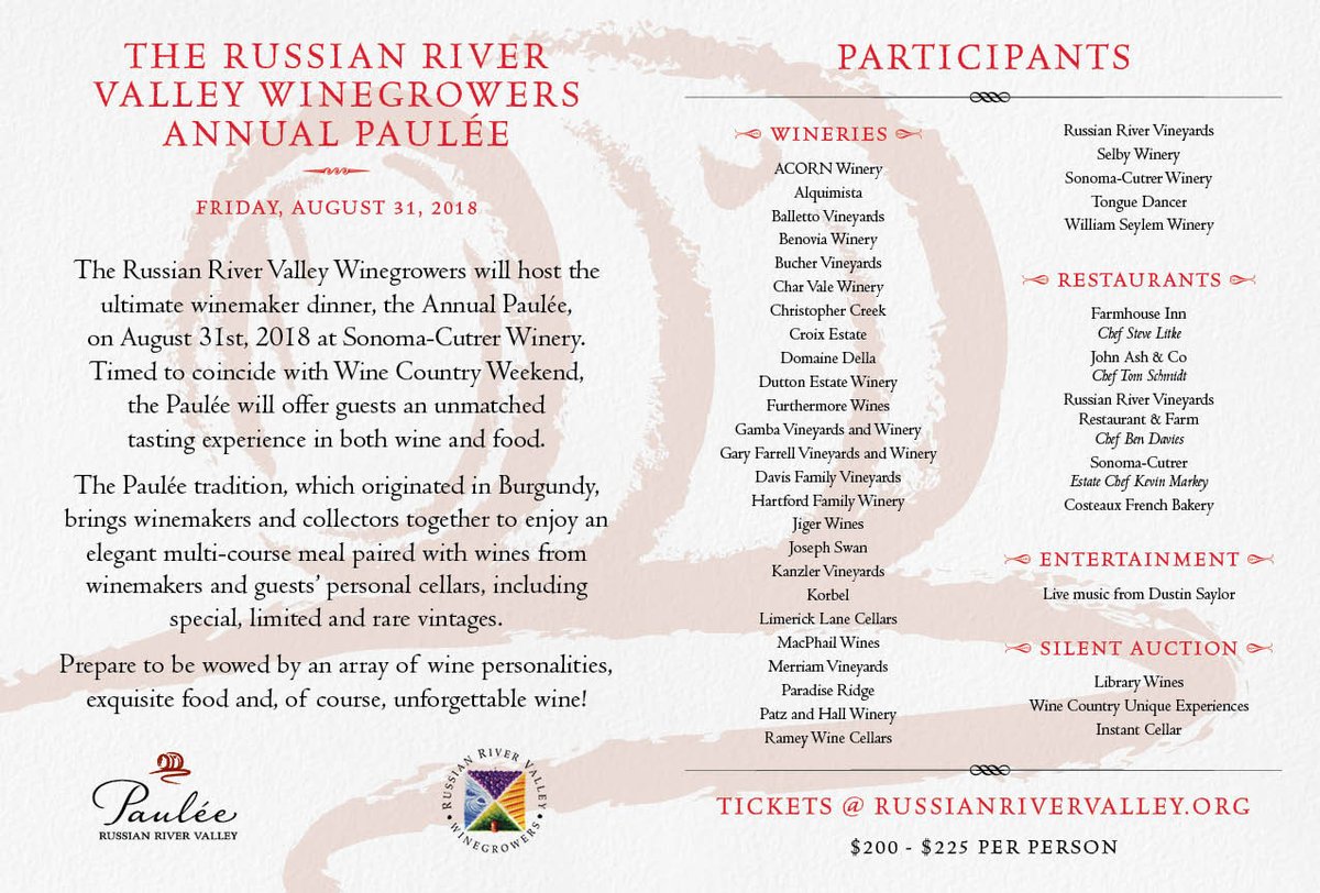 This is the event of the season, wine, food, friendship, music and a beautiful venue at Sonoma-<a href="/sonomacutrer/">Sonoma Cutrer</a> 
Tickets at eventbrite.com/e/2018-russian…