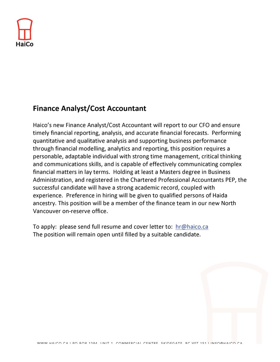 HaiCoEnterprise's tweet photo. HaiCo Career Opportunity: Finance Analyst/Cost Accountant - learn more at https://t.co/RxOcyv91wS
#careeropportunity #firstnationsjobs #finance #accountant #ApplyNow #Haida https://t.co/sbK7uEj7cF