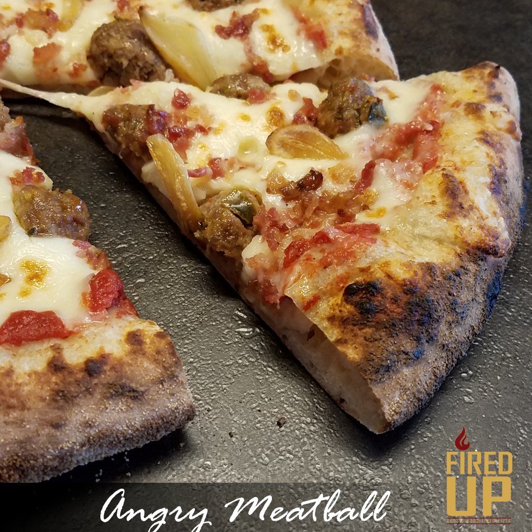 firedupmi's tweet photo. Our Angry Meatball Pizza, a spicy pie topped with House-Made Spicy Meatballs, Applewood Smoked Bacon, Roasted Garlic and Crushed Red Pepper to kick it up a notch! #FiredUp #Pizza #Spicy #Meatball #Bacon #AngryMeatball #Foodie #Detroit #Michigan #Wood-Fired https://t.co/plmSzNAmH1