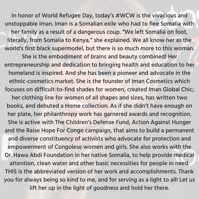itsgabrielleu's tweet image. In honor of #WorldRefugeeDay, today’s #WCW is the unstoppable Iman. @The_Real_IMAN is a Somalian exile who had to flee Somalia with her family as a result of a dangerous coup. We know her as the world's first black supermodel, but there is so much more to this woman. More 👇🏾