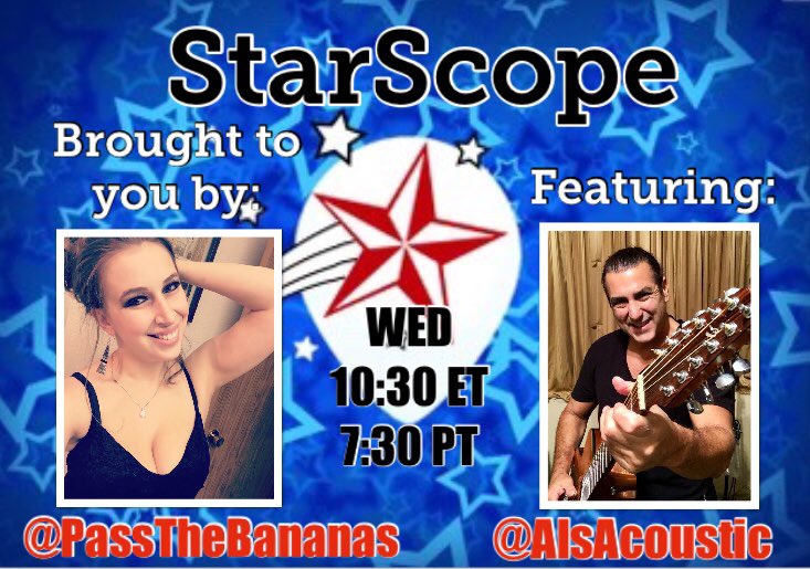 KerriLongLive's tweet photo. ‼️Attention‼️ In just under 3 hours, I’ll be hosting another episode of #StarScope on @PeriscopeTV 🤩 Be sure to download the app and follow me @PassTheBananas to see this week’s 🌟featured guest🌟: @alsacoustic 🎸🤘🏻 See you at 10:30 ET / 7:30 PT on #Periscope https://t.co/fDGt1GSbNq