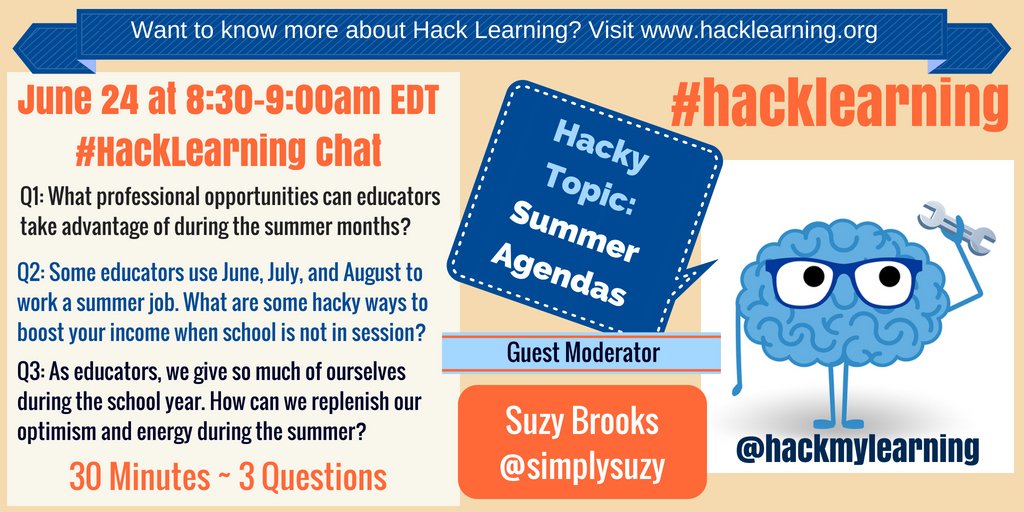 hackmylearning's tweet photo. This Sunday, @SimplySuzy will be leading the #HackLearning chat on #summer agendas! RT to spread the word. #edchat #HackLearningDaily #summerbreak #summervacation #teacherlife #whatisschool #teachersonbreak #k12 https://t.co/paBIzv1Zq0