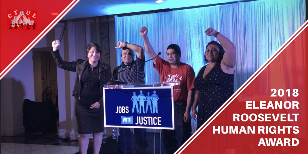 CTUL_TC's tweet photo. #CTUL workers receiving the CTUL will the 2018 Eleanor Roosevelt Human Rights Award, presented by @jwjnational in recognition of our work to transform the retail janitorial industry in the Twin Cities metro area. Thanks @keithellison! #WeDecide #SiSePuede https://t.co/okUpM6o4bh
